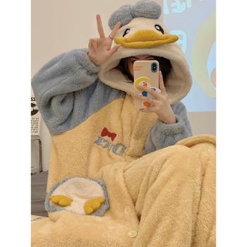 女長款加厚冬天法蘭絨家居服睡袍
