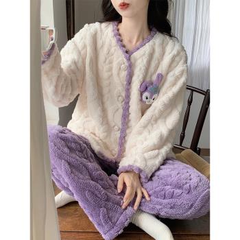 睡衣冬季女款珊瑚絨加厚加絨網紅風秋冬天法蘭絨可外穿家居服保暖