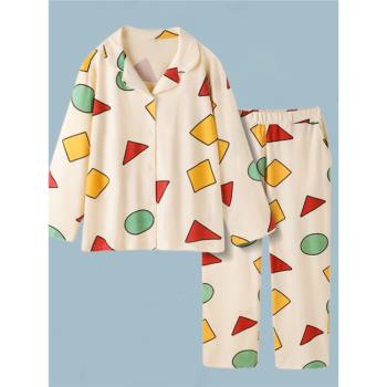 春秋季蠟筆小新聯名同款情侶睡衣女大碼純棉兒童家居服男款夏天