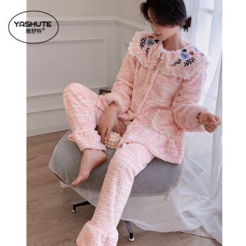 秋冬珊瑚絨睡衣女加厚保暖法蘭絨睡袍女春秋可愛娃娃領家居服套裝
