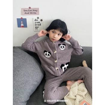 女童秋冬半邊絨睡衣女可愛卡通軟綿綿小熊家居服女孩外穿親子套裝