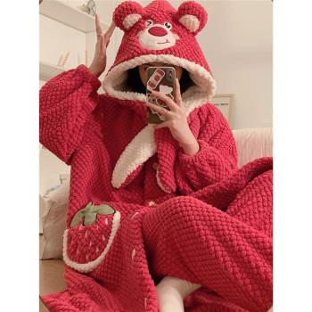 睡袍女款冬季珊瑚絨中長款加厚連帽法蘭絨浴袍睡衣可愛家居服套裝