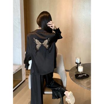 女長褲性感冰絲蝴蝶家居服睡衣