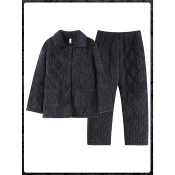 「超厚」保暖睡衣女冬三層加厚夾棉珊瑚絨棉襖深灰條紋毛絨家居服