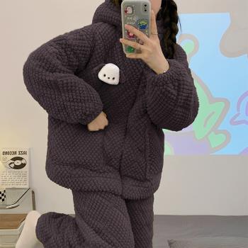 女士夾棉拉鏈連帽卡通小狗睡衣