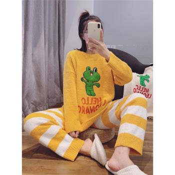 甜美可愛卡通軟綿綿睡衣女冬季珊瑚絨加厚加絨長袖秋冬家居服套裝