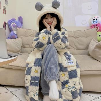秋冬款睡袍女珊瑚絨三層夾棉可愛卡通連帽藍色保暖睡衣法蘭絨套裝