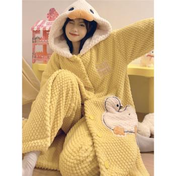 鴨子睡袍珊瑚絨睡衣女款秋冬季加厚加絨法蘭絨冬天可愛家居服套裝