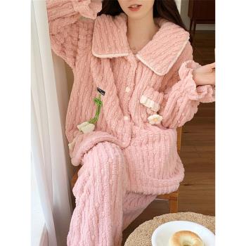 法蘭絨睡衣冬季女款加厚加絨甜美網紅風冬天珊瑚絨套裝保暖家居服