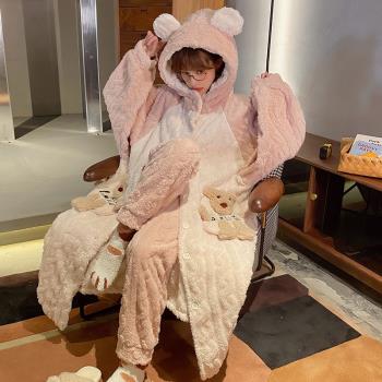 法蘭絨秋冬長款睡袍女加厚加絨冬天浴袍套裝珊瑚絨長袖家居服睡衣