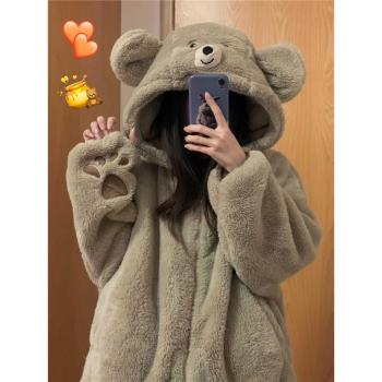 可愛少女小熊連帽珊瑚絨睡衣秋冬季新款法蘭絨居家服套裝可外穿