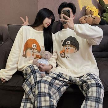 秋冬季珊瑚絨情侶睡衣女款法蘭絨卡通可愛女士套裝冬天男士家居服