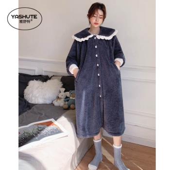 睡衣女秋冬季加厚珊瑚絨睡袍長款法蘭絨睡裙可外穿家居服冬天浴袍