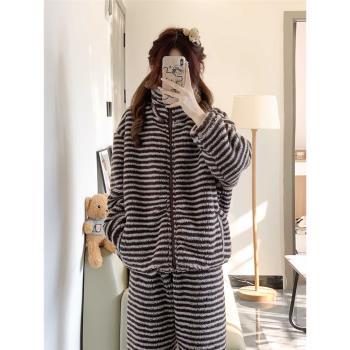 ins韓版高階條紋珊瑚絨睡衣女秋冬季新款加厚保暖毛絨家居服套裝