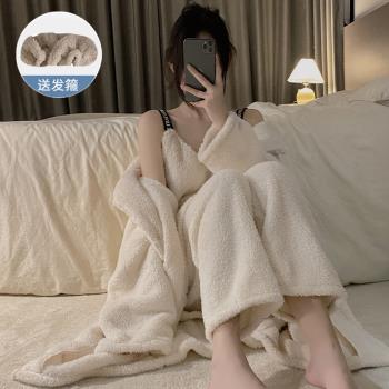女長款睡袍三件套加厚法蘭絨吊帶