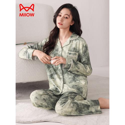 貓人帶胸墊睡衣春秋女士2024新款純棉長袖開衫翻領家居服秋款套裝