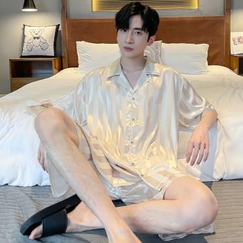 男士短袖模擬絲綢夏款家居服睡衣