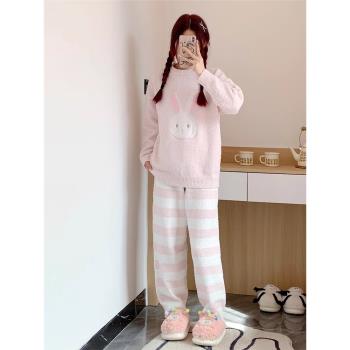可愛卡通兔子睡衣女春秋季2024新款長袖加厚保暖家居服套裝可外穿