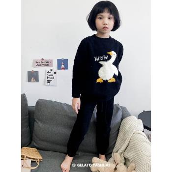 兒童半邊絨加厚女孩睡衣2021年新款軟綿綿可愛卡通冬季家居服套裝