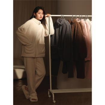 【加厚加絨】羊羔絨保暖睡衣女冬珊瑚絨春秋款拉鏈高領家居服套裝