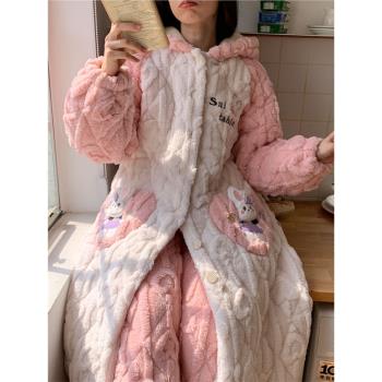 連帽睡袍加絨加厚2023年新款三層夾棉珊瑚絨睡衣女家居服冬季套裝