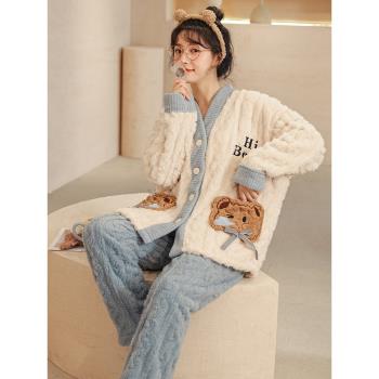 珊瑚絨睡衣女秋冬款法蘭絨特加肥加大碼200斤加厚加絨家居服束腳