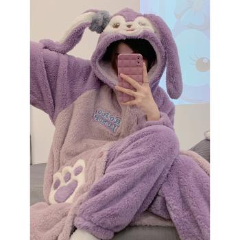 睡袍女秋冬季2022年新款珊瑚絨加厚加絨連帽睡衣法蘭絨家居服套裝