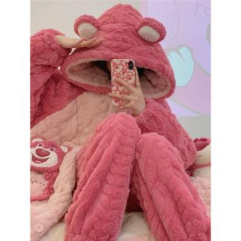 睡袍冬季天睡衣女款三層夾棉襖加厚加絨珊瑚絨可愛浴袍家居服套裝