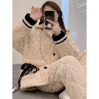 睡衣女冬季款珊瑚絨三層加厚夾棉甜美保暖小翻領可外穿家居服套裝