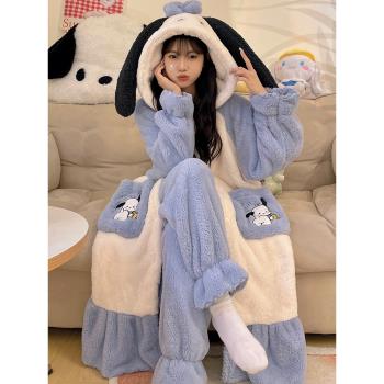 加厚加絨睡袍女長款珊瑚絨冬季天睡衣女法蘭絨可愛連帽家居服套裝