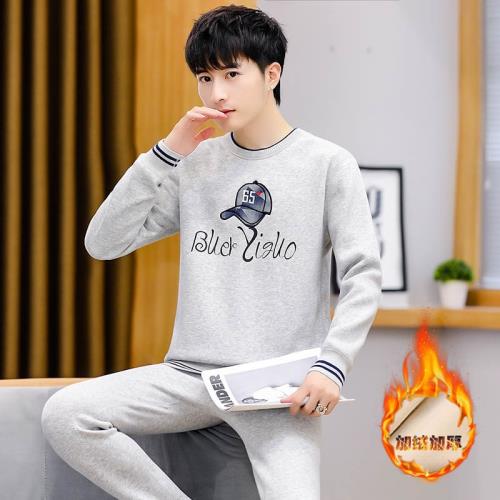 男士秋衣秋褲套裝純棉圓領打底棉毛衫冬季加絨加厚防寒保暖內衣男