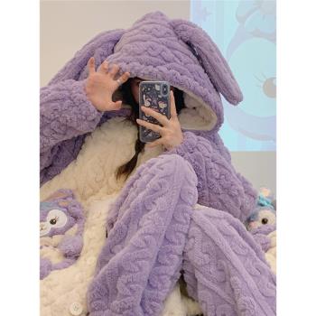 睡衣女款冬季三層夾棉可愛加厚加絨長袍珊瑚絨保暖家居服套裝冬天