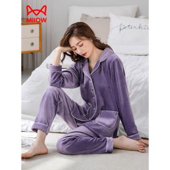 貓人睡衣女春秋加絨薄款海島絨保暖法蘭絨家居服秋冬中年媽媽套裝