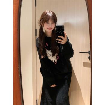秋冬季新款可愛卡通貓咪印花半邊絨睡衣女加絨加厚保暖家居服套裝