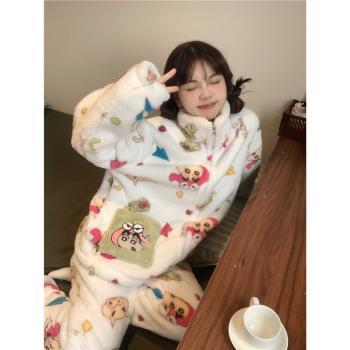 卡通蠟筆小新印花保暖珊瑚絨睡衣女秋冬季新款加厚加絨家居服套裝