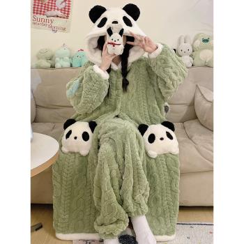 卡通睡袍女秋冬季加絨加厚珊瑚絨2024新款連帽睡衣冬天家居服套裝