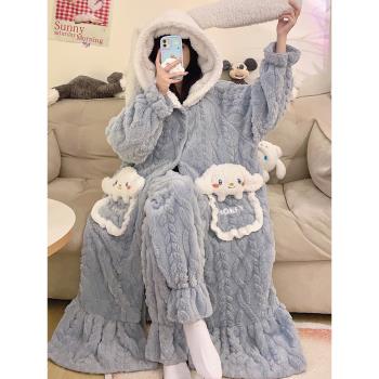 秋冬季珊瑚絨睡衣女長袍加絨加厚款法蘭絨保暖可愛家居服套裝冬天