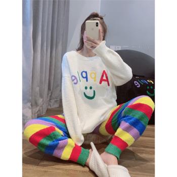 可愛字母條紋軟綿綿睡衣女冬季加厚珊瑚絨長袖保暖加絨家居服套裝