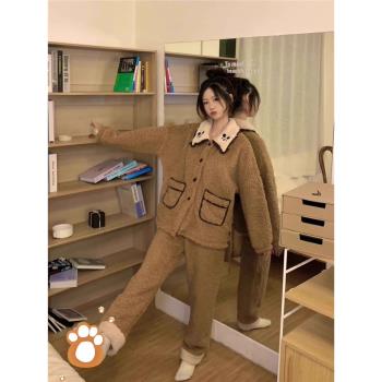 可愛米奇珊瑚絨睡衣女冬季新款保暖加絨加厚毛絨長袖家居服兩件套