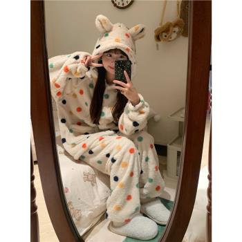 韓版彩色波點連帽珊瑚絨睡衣女秋冬季新款加厚保暖家居服大碼套裝