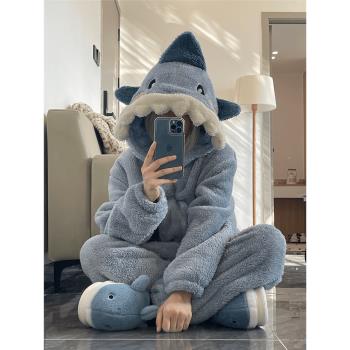 可愛鯊魚連體睡衣女秋冬季珊瑚絨加絨加厚連帽家居服套裝2024新款