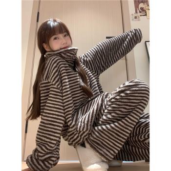 ins高階感條紋珊瑚絨女加厚睡衣