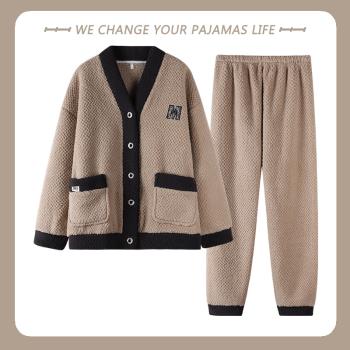 北極絨睡衣女士冬季加絨加厚保暖珊瑚絨簡約休閑秋冬天家居服套裝