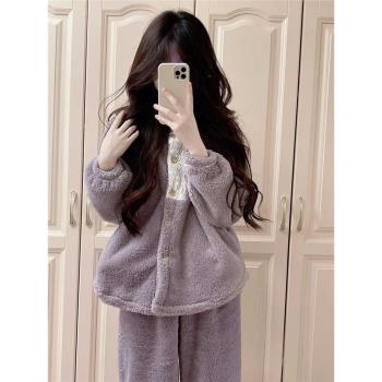 甜美暖絨絨翻領少女睡衣秋冬季新款加絨加厚珊瑚絨長袖寬松家居服