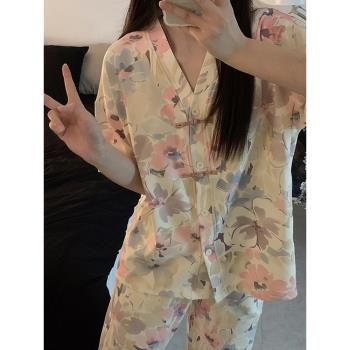 復古風高階感睡衣女款夏季短袖長褲新中式甜美套裝夏日薄款家居服