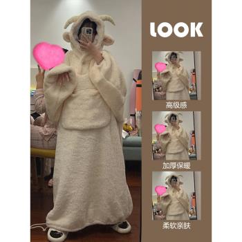可愛小羊連帽珊瑚絨睡衣女冬款新款網紅加厚毛絨睡袍家居服睡裙冬