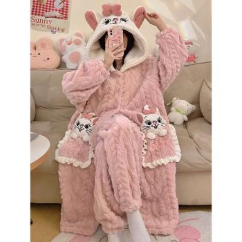 加厚加絨睡袍冬季女款珊瑚絨睡衣女冬天可愛卡通法蘭絨家居服套裝