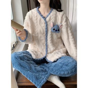 卡通睡衣女款秋冬季天珊瑚絨加厚加絨法蘭絨套裝史迪仔可愛家居服