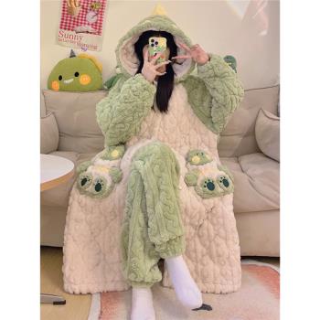 冬季天睡袍三層夾棉襖加厚加絨睡衣女款珊瑚絨保暖可愛家居服套裝