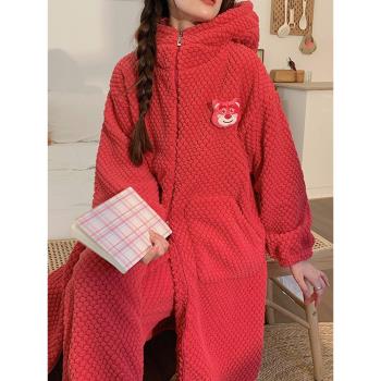 睡衣女可愛珊瑚絨大碼睡袍長款冬天加厚加絨法蘭絨家居服冬季套裝